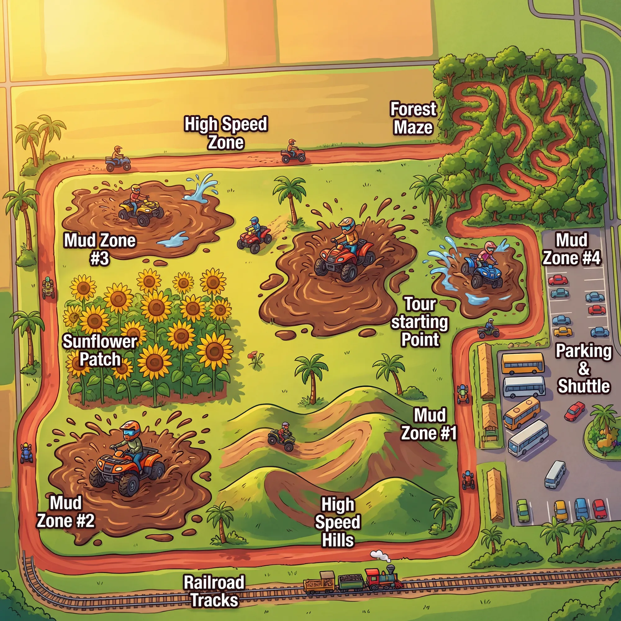 Illustrated map of the 1,000-acre Takeovers trail system